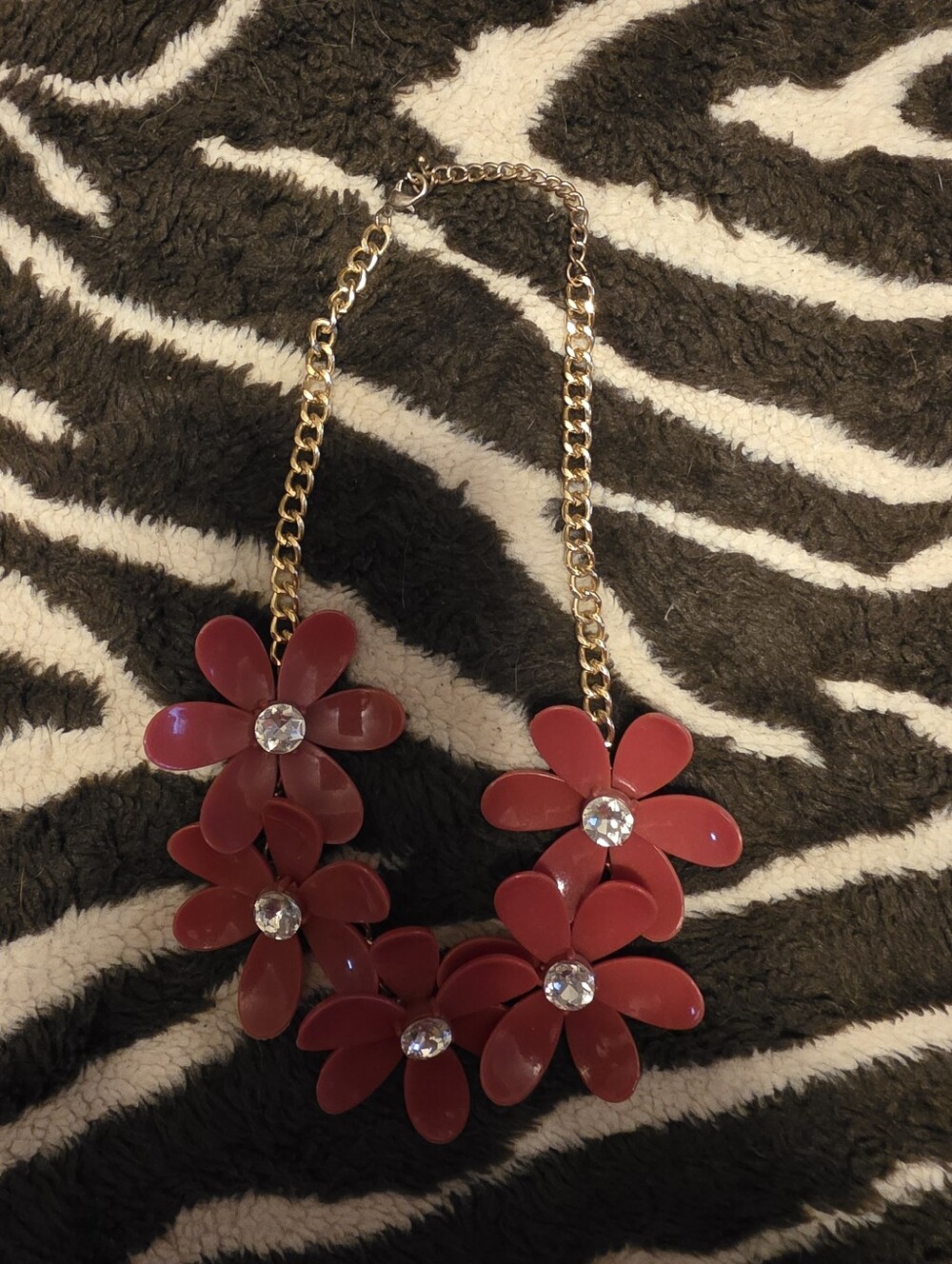 Gold Chain Red Floral Statement Necklace